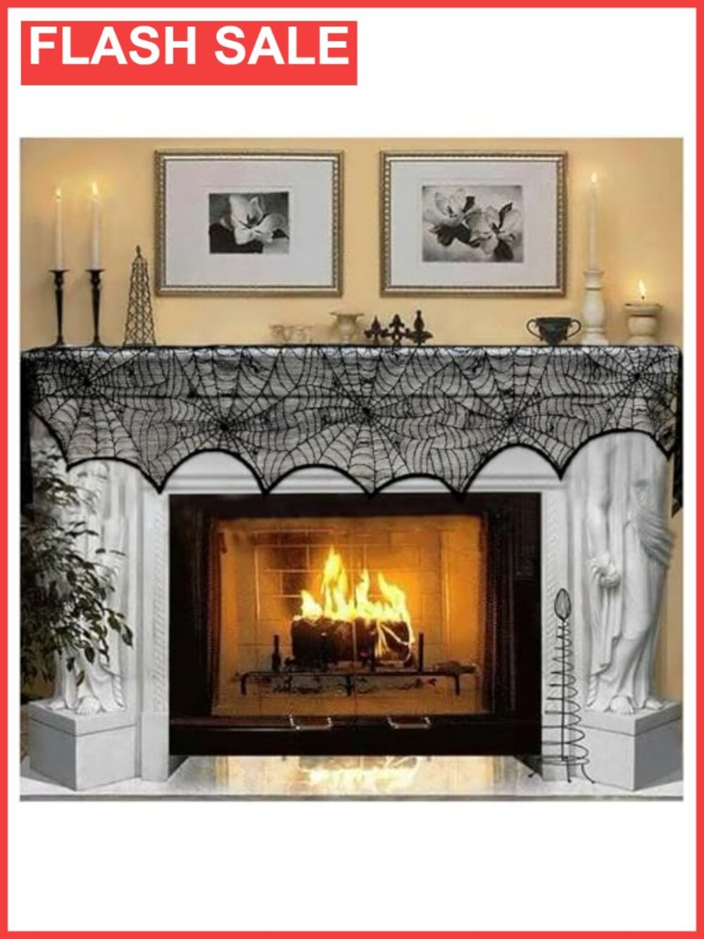 Halloween Black Lace Spiderweb Fireplace Mantle Scarf